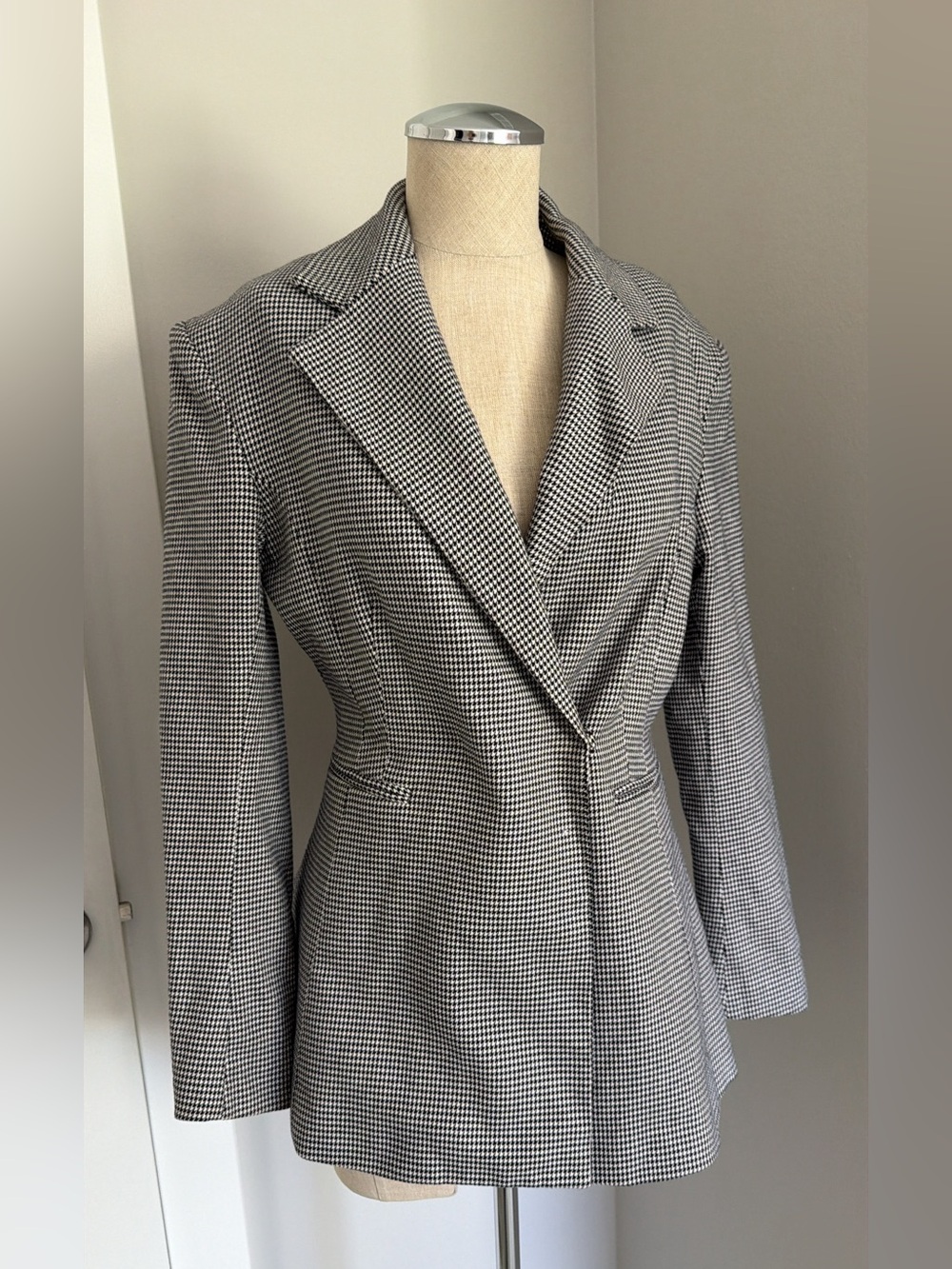 H&M Women's Black White Houndstooth Notch Lapel 2-Button Lined Blazer 8
